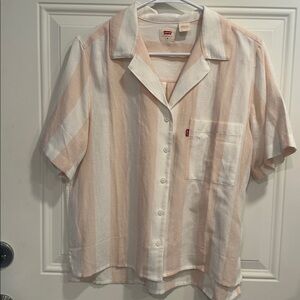 Levi's Peach pink & White Vertical Stripe Camp Shirt button up medium w pocket
